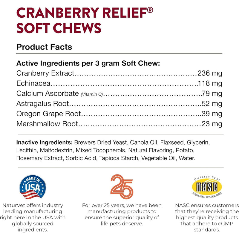 NaturVet Cranberry Relief Plus Echinacea Healthy Urinary Tract 60ct Soft Chews