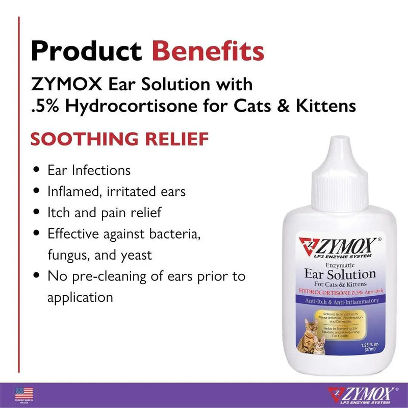 Zymox Enzymatic Ear Solution With 0.5% Hydrocortisone for Cats and Kittens 1.25 Oz. ZYMOX