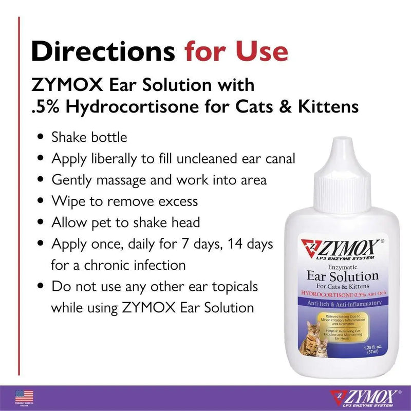 Zymox Enzymatic Ear Solution With 0.5% Hydrocortisone for Cats and Kittens 1.25 Oz. ZYMOX