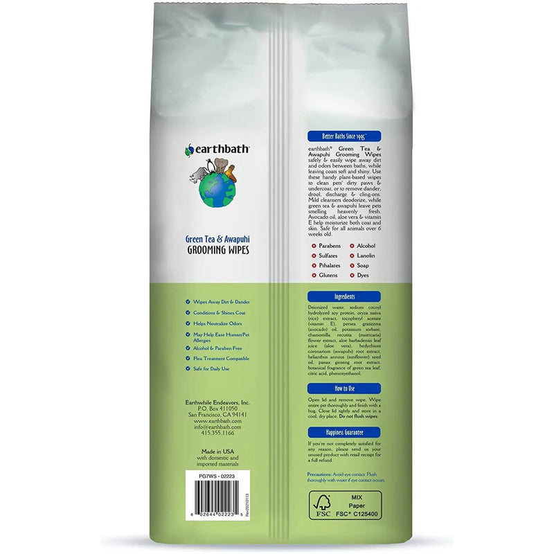 Earthbath Pet Grooming Wipes Green Tea & Awapuhi 100CT Earthbath